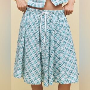 NWT Maeve Anthropologie A Line Turquoise Cotton pull on midi skirt size small